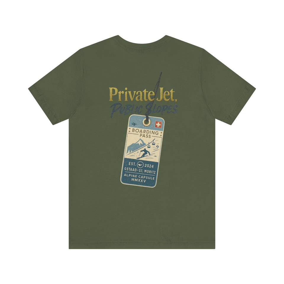 Private Jet, Public Slopes Boarding Pass Tee